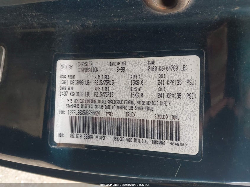 1998 Dodge Dakota Slt/Sport VIN: 1B7FL26X5WS750024 Lot: 45412368