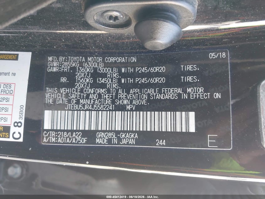 2018 Toyota 4Runner Limited VIN: JTEBU5JR4J5582241 Lot: 45412419