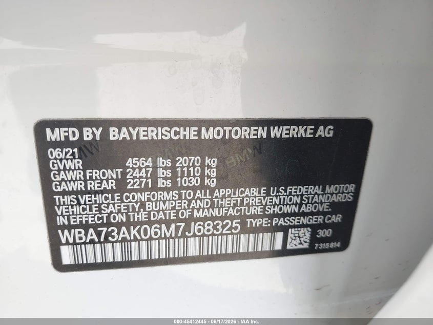 2021 BMW 228I Gran Coupe xDrive VIN: WBA73AK06M7J68325 Lot: 45412445