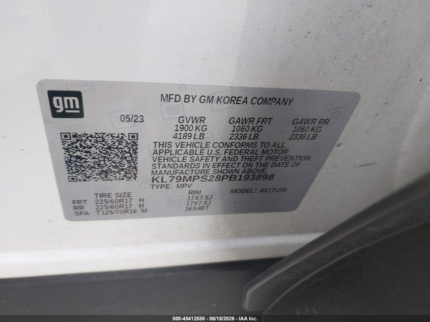 2023 Chevrolet Trailblazer Fwd Lt VIN: KL79MPS28PB193898 Lot: 45412558