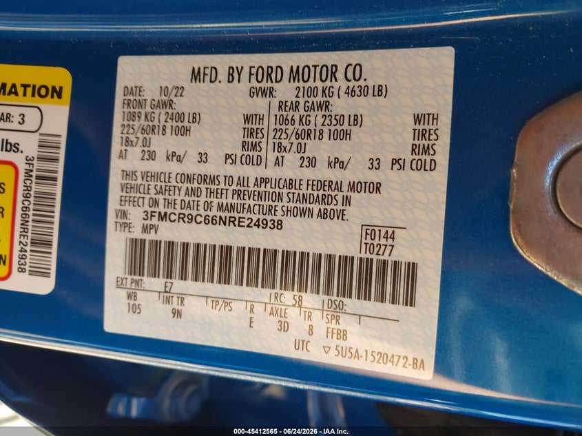2022 Ford Bronco Sport Outer Banks VIN: 3FMCR9C66NRE24938 Lot: 45412565