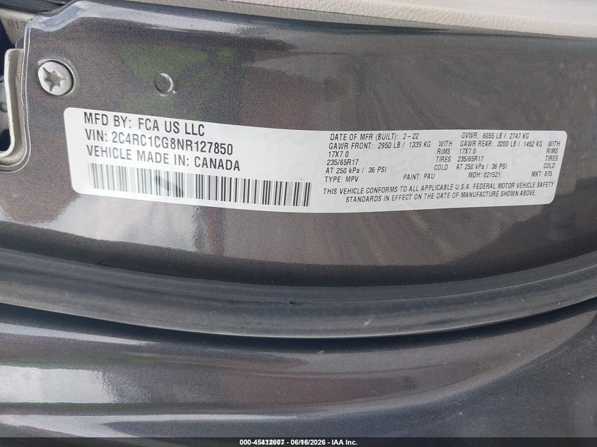 2022 Chrysler Voyager Lx VIN: 2C4RC1CG8NR127850 Lot: 45412607