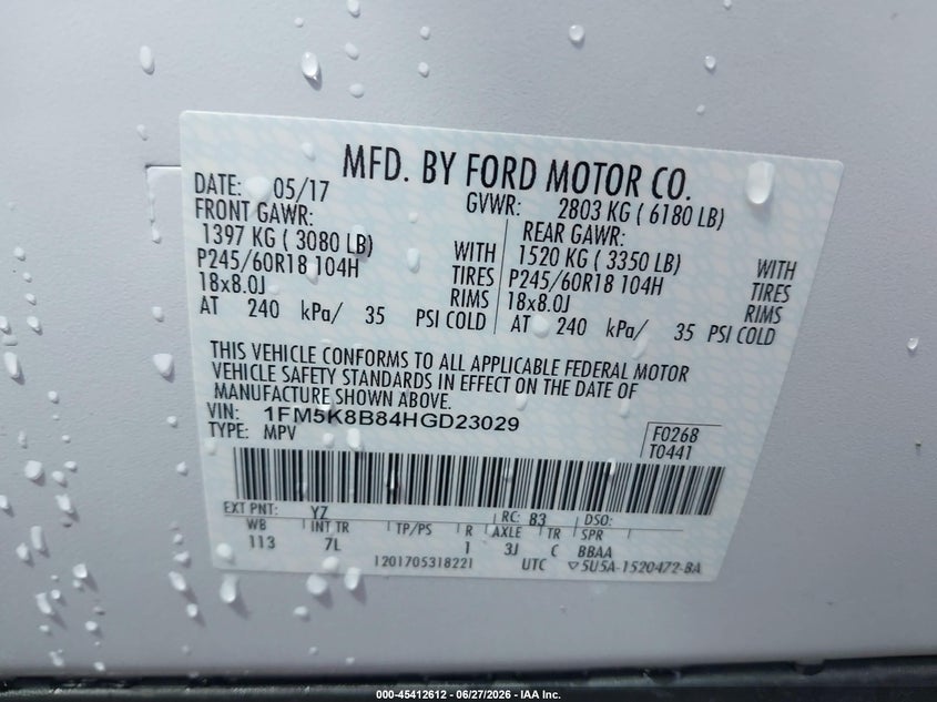 2017 Ford Explorer VIN: 1FM5K8B84HGD23029 Lot: 45412612