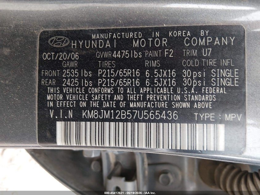 2007 Hyundai Tucson Gls VIN: KM8JM12B57U565436 Lot: 45412621