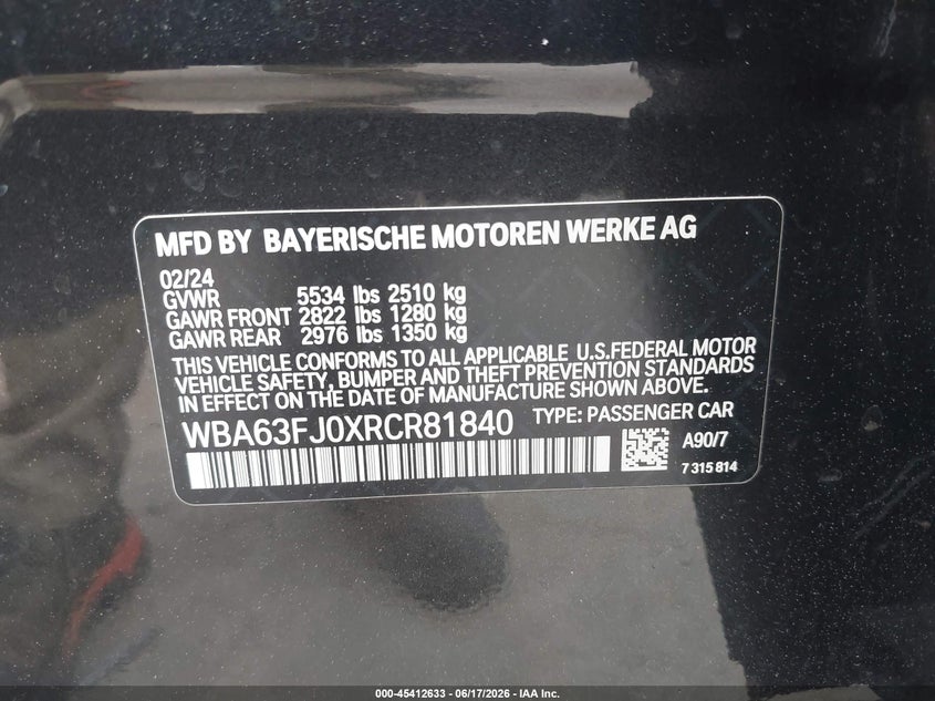 2024 BMW 540I xDrive VIN: WBA63FJ0XRCR81840 Lot: 45412633