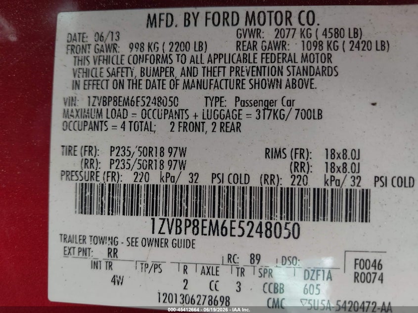 2014 Ford Mustang V6 VIN: 1ZVBP8EM6E5248050 Lot: 45412664