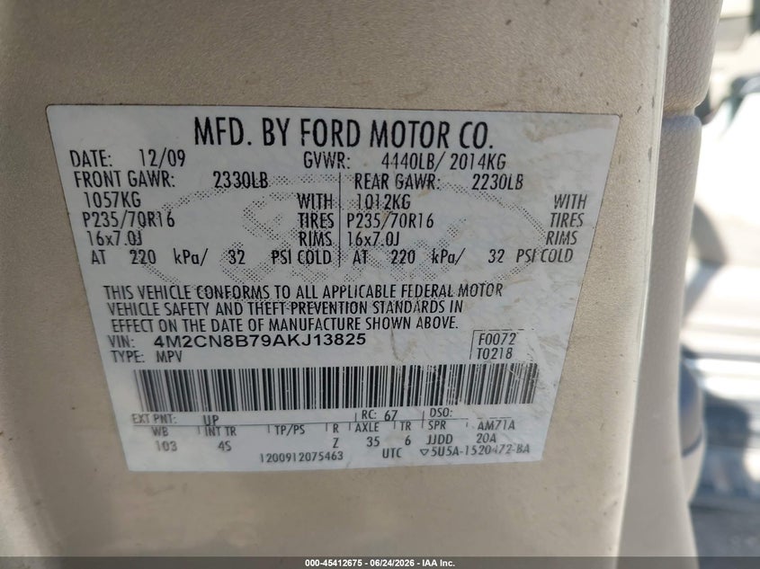 2010 Mercury Mariner VIN: 4M2CN8B79AKJ13825 Lot: 45412675