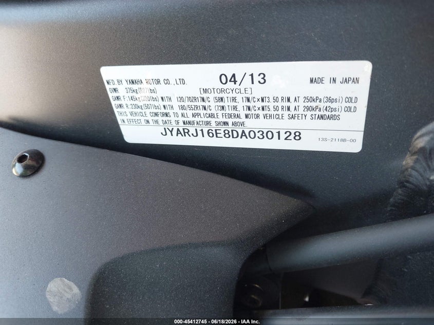 2013 Yamaha Yzfr6 VIN: JYARJ16E8DA030128 Lot: 45412745