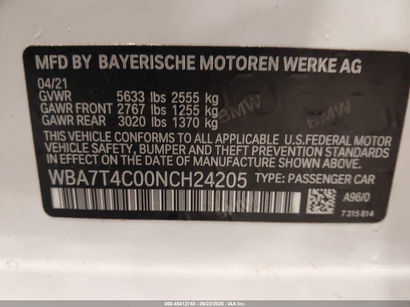 2022 BMW 740 I xDrive VIN: WBA7T4C00NCH24205 Lot: 45412748