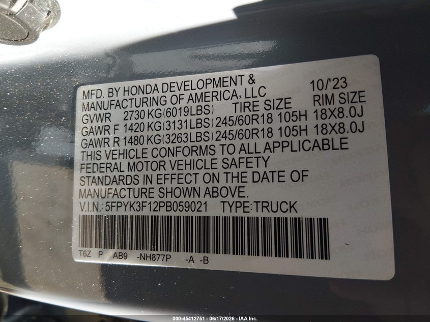 VIN 5FPYK3F12PB059021 2023 HONDA RIDGELINE SPORT