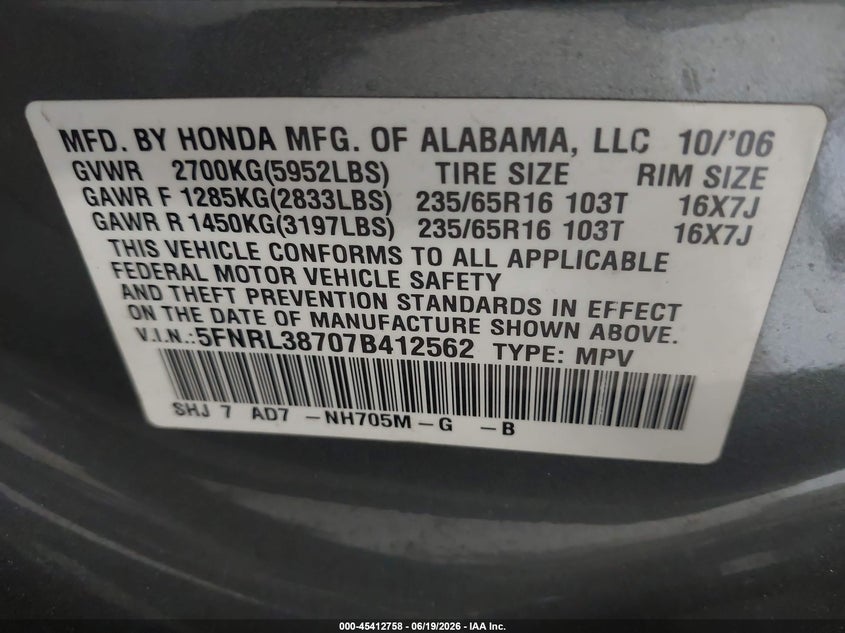2007 Honda Odyssey Ex-L VIN: 5FNRL38707B412562 Lot: 45412758