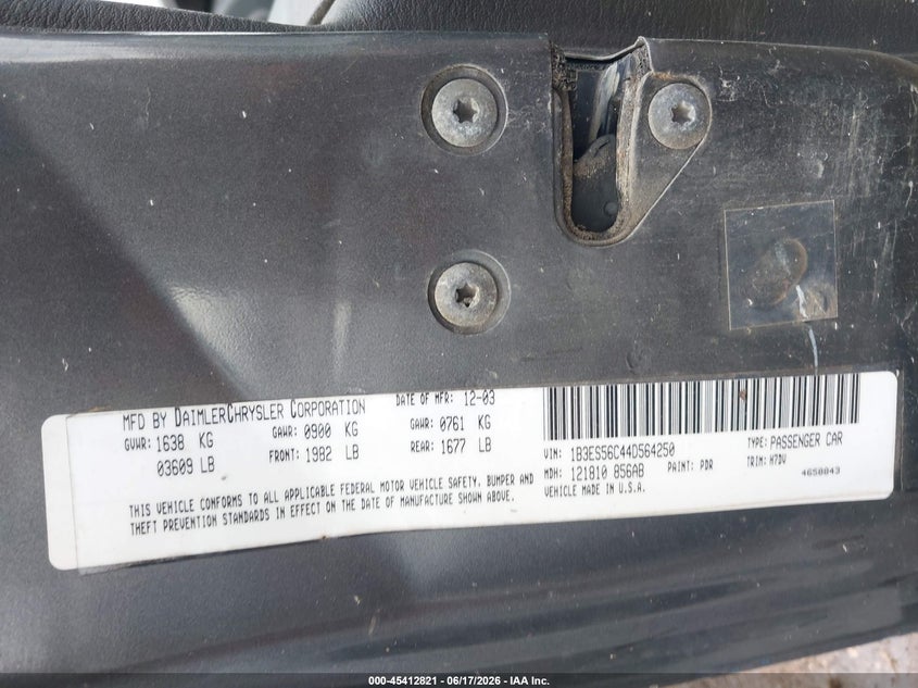 2004 Dodge Neon Sxt VIN: 1B3ES56C44D564250 Lot: 45412821