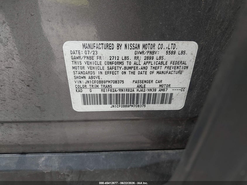 2023 Nissan Ariya Engage VIN: JN1CF0BB9PM708375 Lot: 45412877