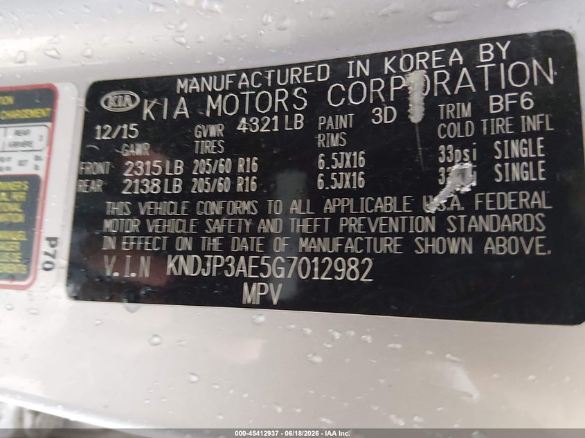 2016 Kia Soul Ev VIN: KNDJP3AE5G7012982 Lot: 45412937