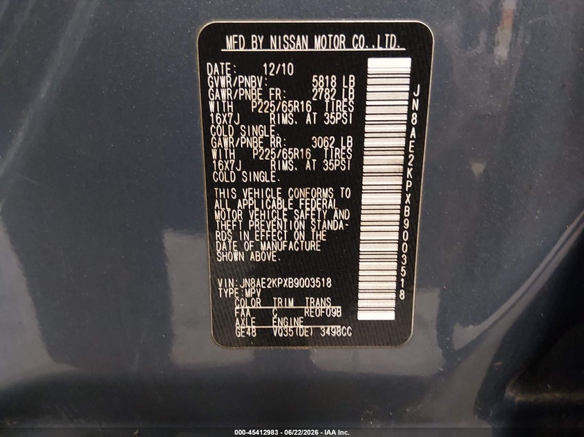 2011 Nissan Quest Sv VIN: JN8AE2KPXB9003518 Lot: 45412983