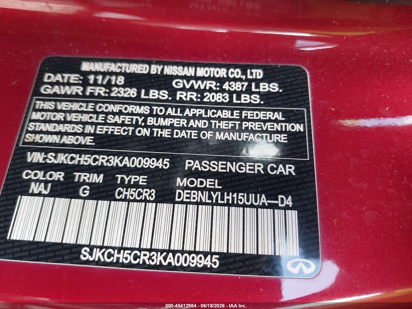 2019 Infiniti Qx30 Essential VIN: SJKCH5CR3KA009945 Lot: 45412984