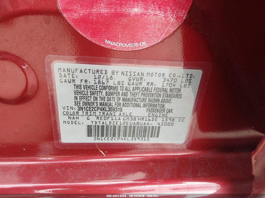 VIN 3N1CE2CP4KL359315 2019 NISSAN VERSA NOTE SV
