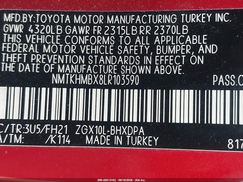 2020 Toyota C-Hr Le VIN: NMTKHMBX8LR103590 Lot: 45413102