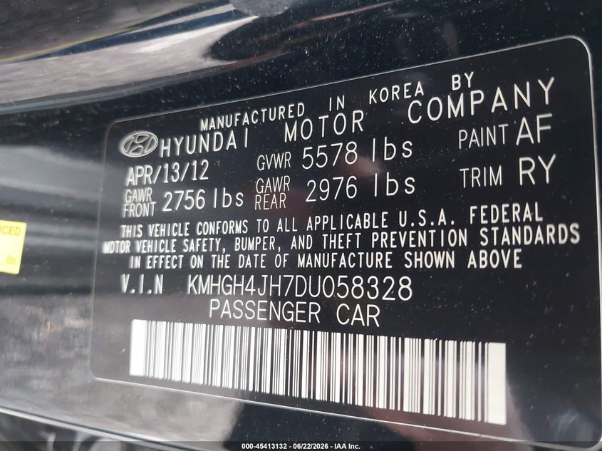 2013 Hyundai Equus Signature VIN: KMHGH4JH7DU058328 Lot: 45413132