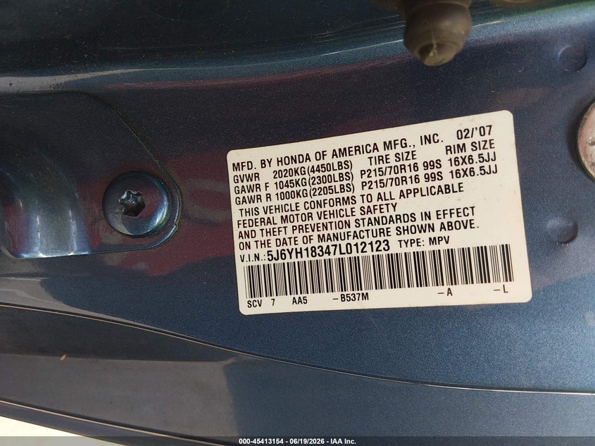 2007 Honda Element Lx VIN: 5J6YH18347L012123 Lot: 45413154
