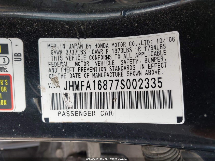 2007 HONDA CIVIC SEDAN 1.8L I-4 VVT, 140HP