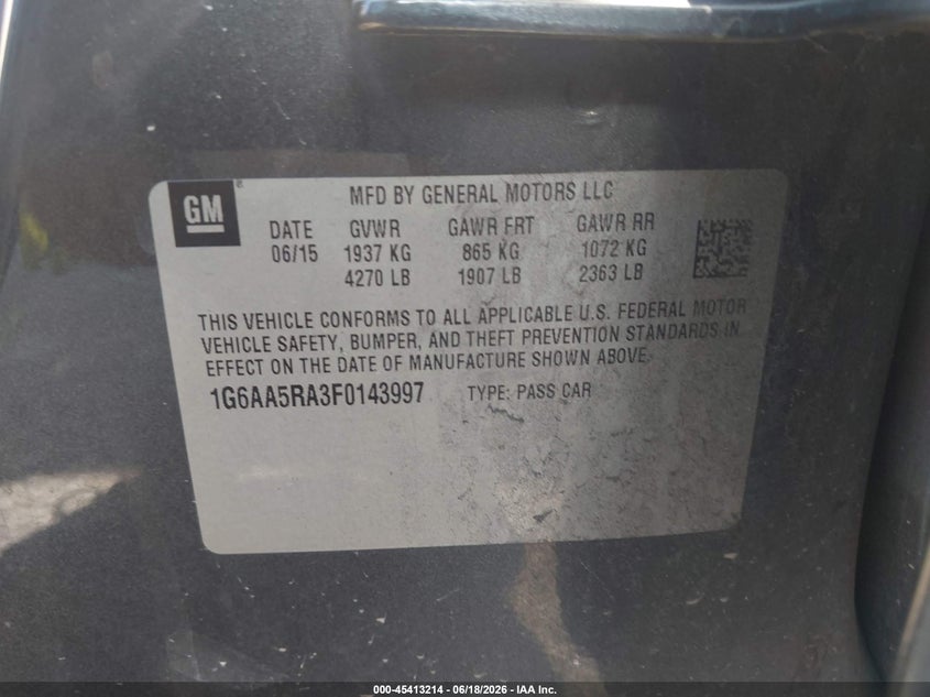 2015 Cadillac Ats Standard VIN: 1G6AA5RA3F0143997 Lot: 45413214