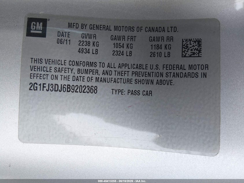 2011 Chevrolet Camaro 1Ss VIN: 2G1FJ3DJ6B9202368 Lot: 45413255