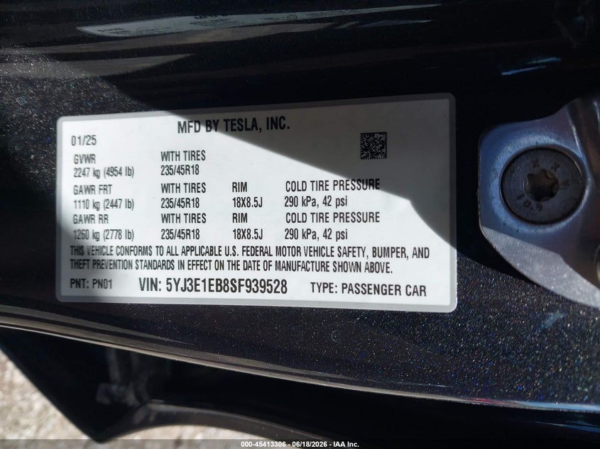 2025 Tesla Model 3 Long Range All-Wheel Drive VIN: 5YJ3E1EB8SF939528 Lot: 45413306