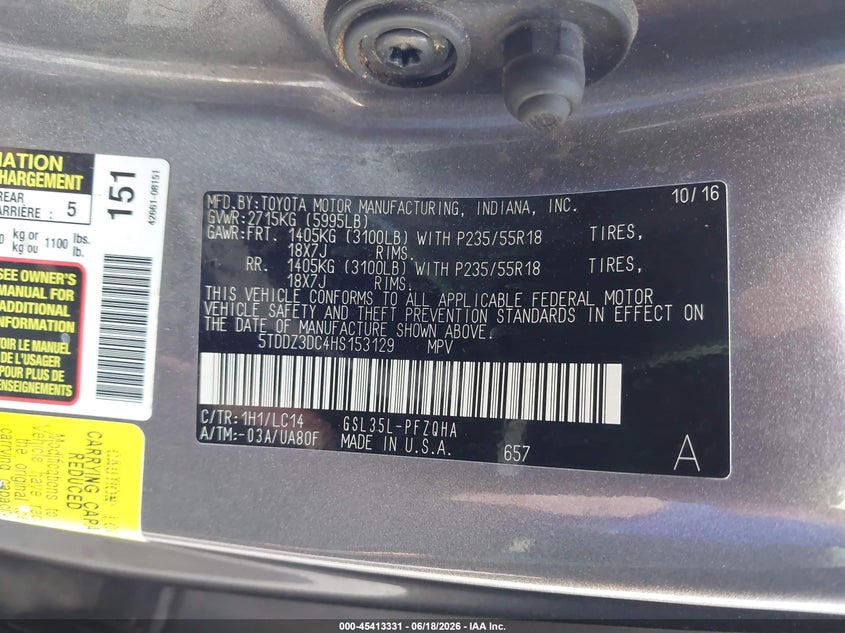 2017 TOYOTA SIENNA VAN 3.5L V-6 DI, DOHC, VVT, 296HP