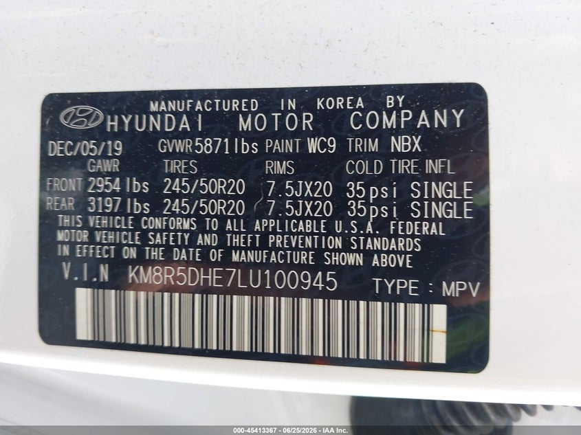 2020 Hyundai Palisade Limited VIN: KM8R5DHE7LU100945 Lot: 45413367