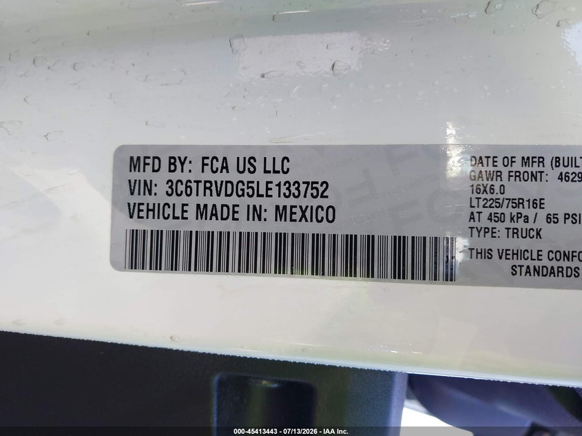 2020 Ram Promaster 2500 High Roof 159 Wb VIN: 3C6TRVDG5LE133752 Lot: 45413443