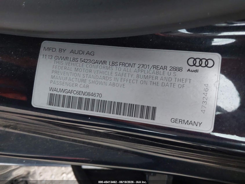 2014 Audi A7 3.0T Premium Plus VIN: WAUWGAFC6EN084670 Lot: 45413462