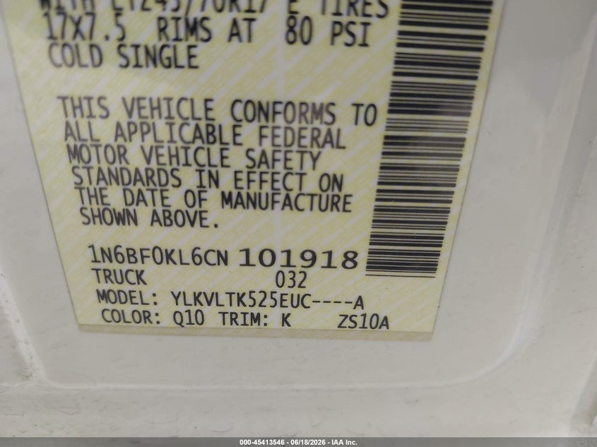 2012 Nissan Nv 1500 Nv1500 Sv V6 VIN: 1N6BF0KL6CN101918 Lot: 45413546