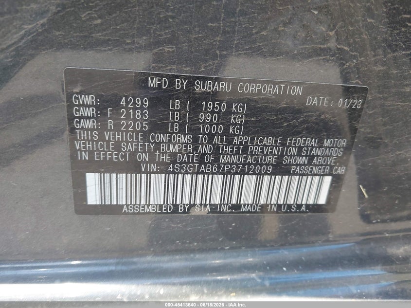 2023 Subaru Impreza Base 5-Door VIN: 4S3GTAB67P3712009 Lot: 45413640