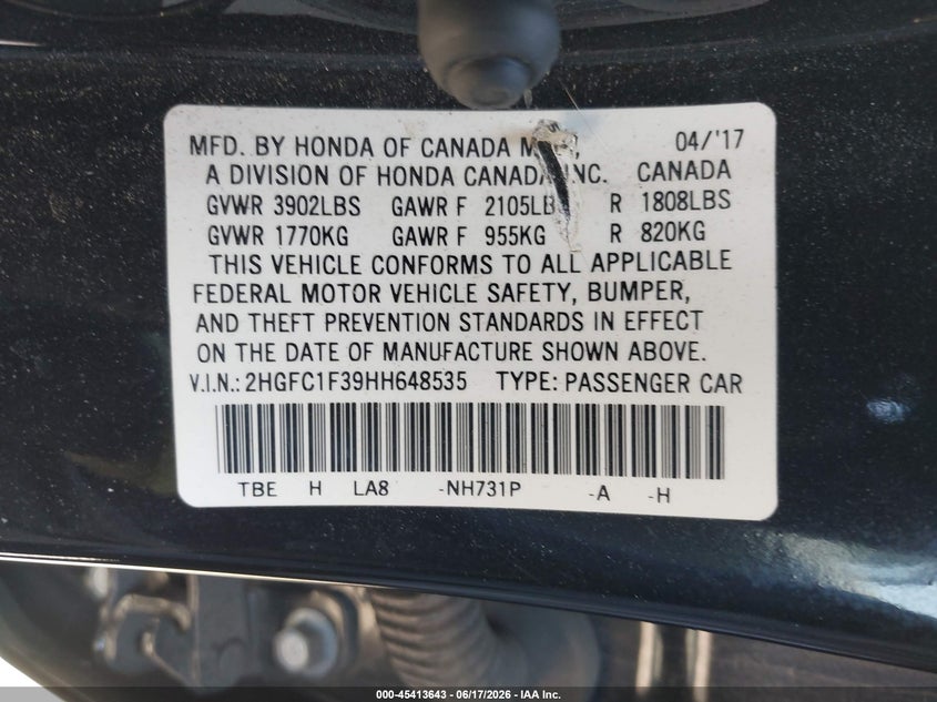 2017 HONDA CIVIC SEDAN 1.5L I-4 DI, DOHC, VVT, TURBO, 174HP
