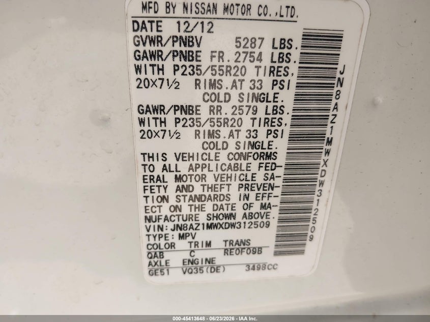 2013 Nissan Murano Le VIN: JN8AZ1MWXDW312509 Lot: 45413648