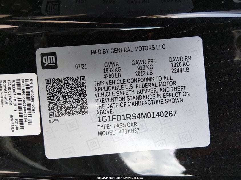 2021 Chevrolet Camaro Rwd 2Lt VIN: 1G1FD1RS4M0140267 Lot: 45413671