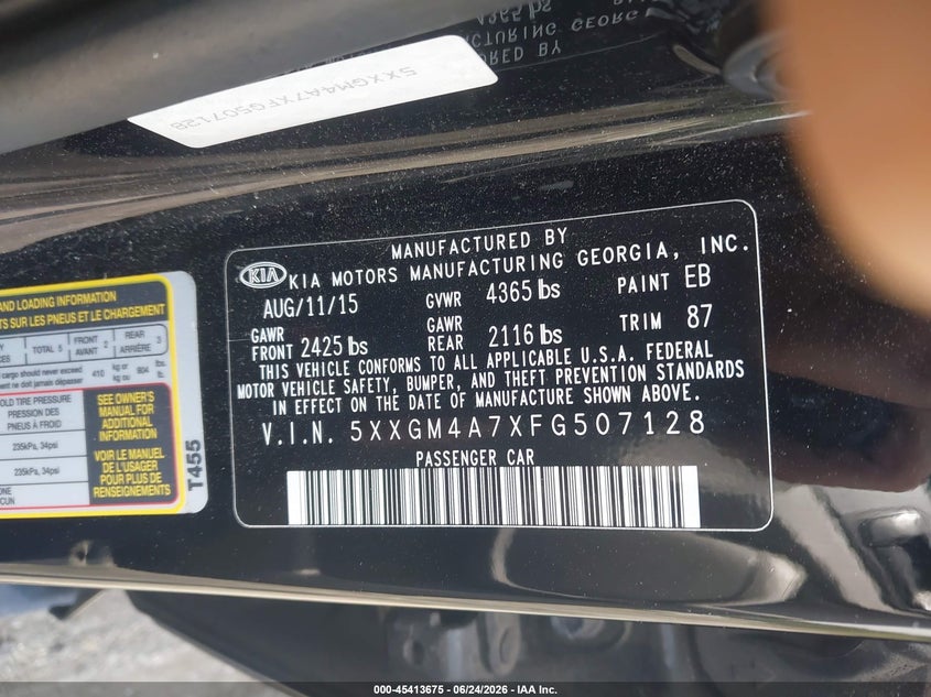 KIA OPTIMA 2015 VIN 5XXGM4A7XFG507128