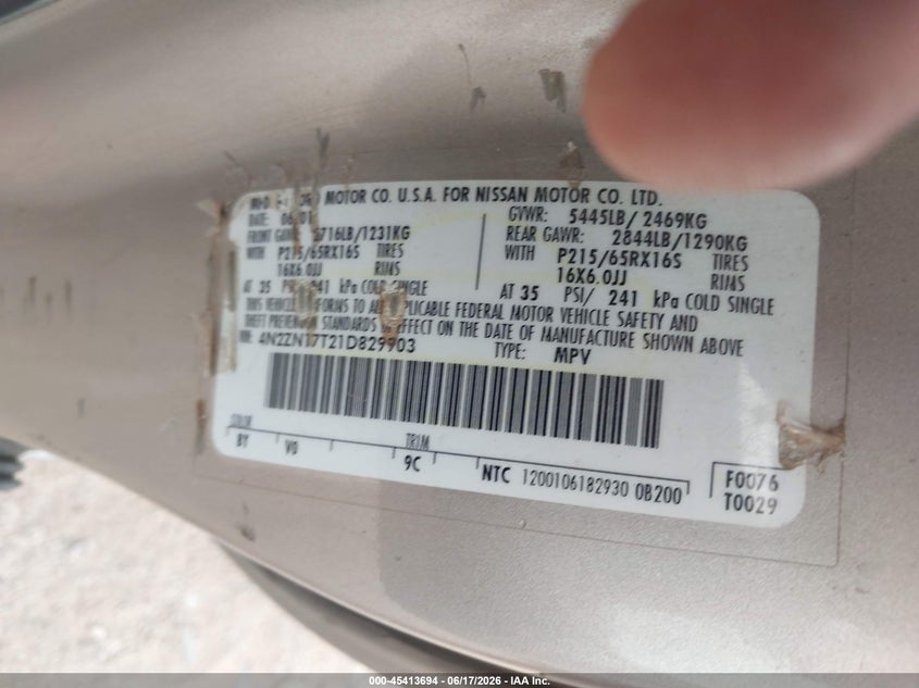 2001 Nissan Quest Gle VIN: 4N2ZN17T21D829903 Lot: 45413694