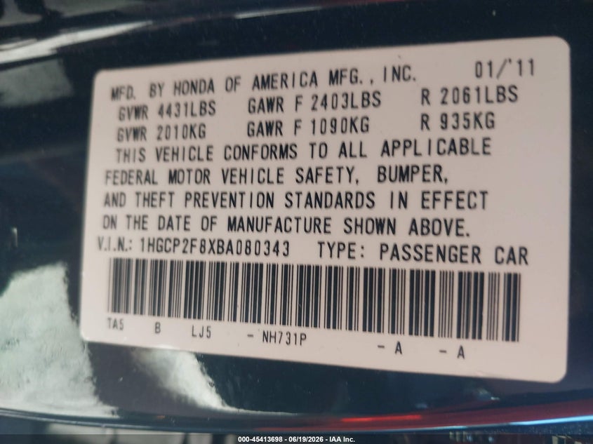 2011 HONDA ACCORD SEDAN 2.4L I-4 DOHC, VVT, 190HP
