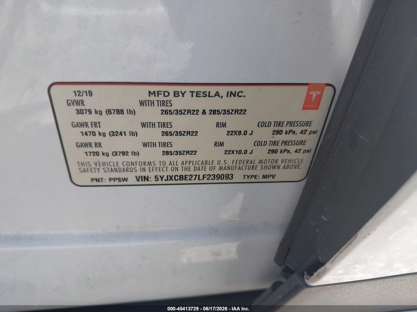2020 Tesla Model X Long Range Dual Motor All-Wheel Drive/Long Range Plus Dual Motor All-Wheel Drive VIN: 5YJXCBE27LF239093 Lot: 45413729