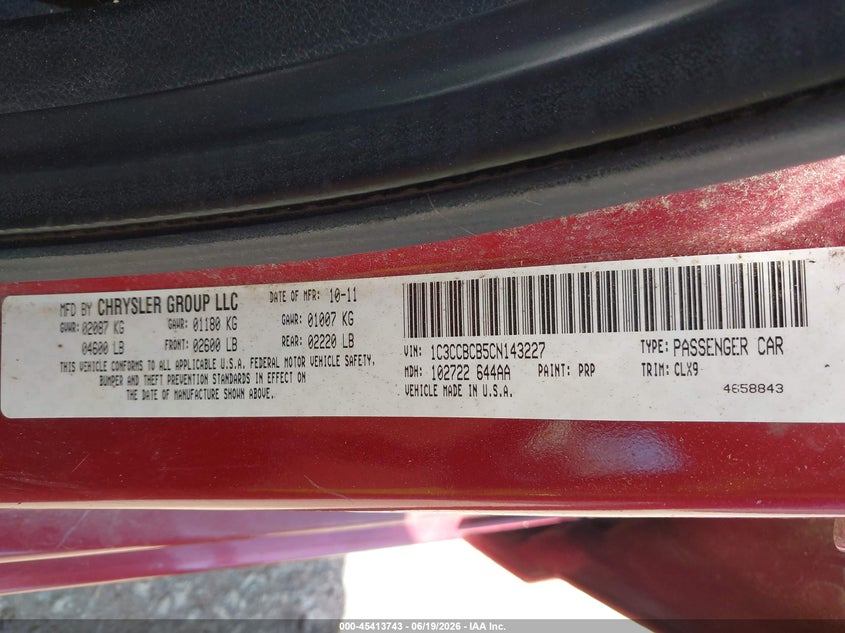 2012 Chrysler 200 Limited VIN: 1C3CCBCB5CN143227 Lot: 45413743
