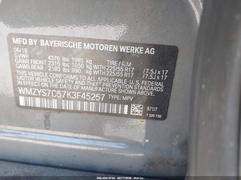 2019 Mini Countryman Cooper VIN: WMZYS7C57K3F45257 Lot: 45413744