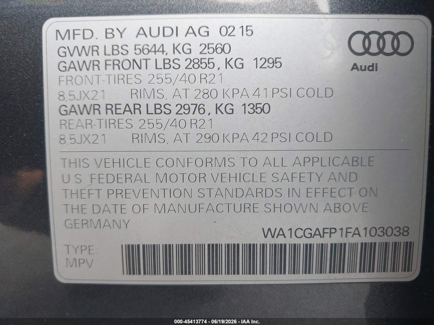 2015 Audi Sq5 3.0T Premium Plus VIN: WA1CGAFP1FA103038 Lot: 45413774