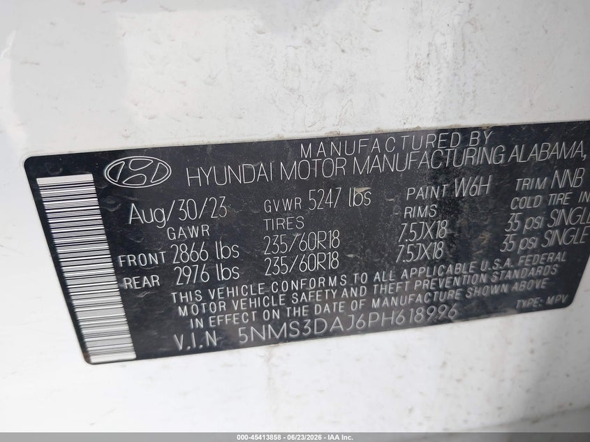 2023 Hyundai Santa Fe Sel VIN: 5NMS3DAJ6PH618996 Lot: 45413858