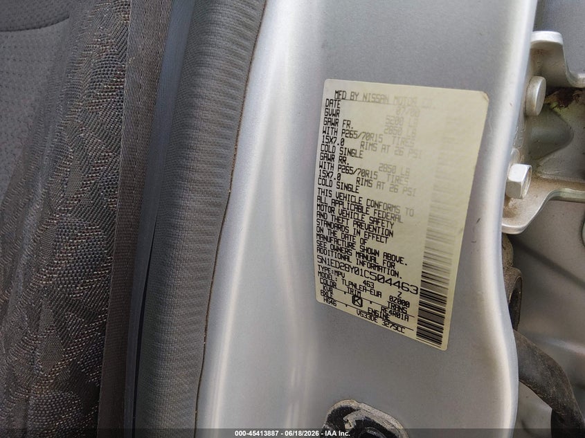 2001 Nissan Xterra Xe VIN: 5N1ED28Y01C504463 Lot: 45413887