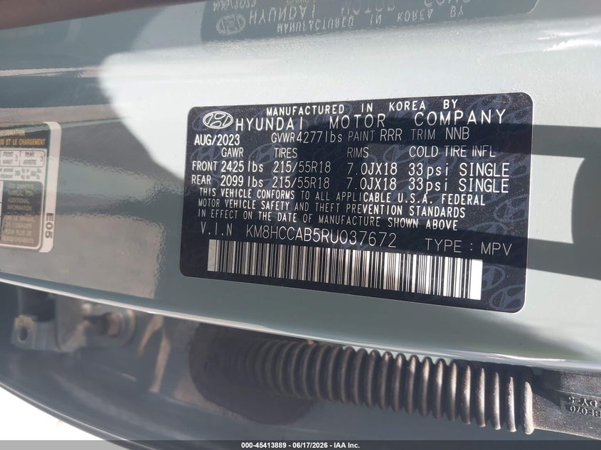 2024 Hyundai Kona Sel VIN: KM8HCCAB5RU037672 Lot: 45413889