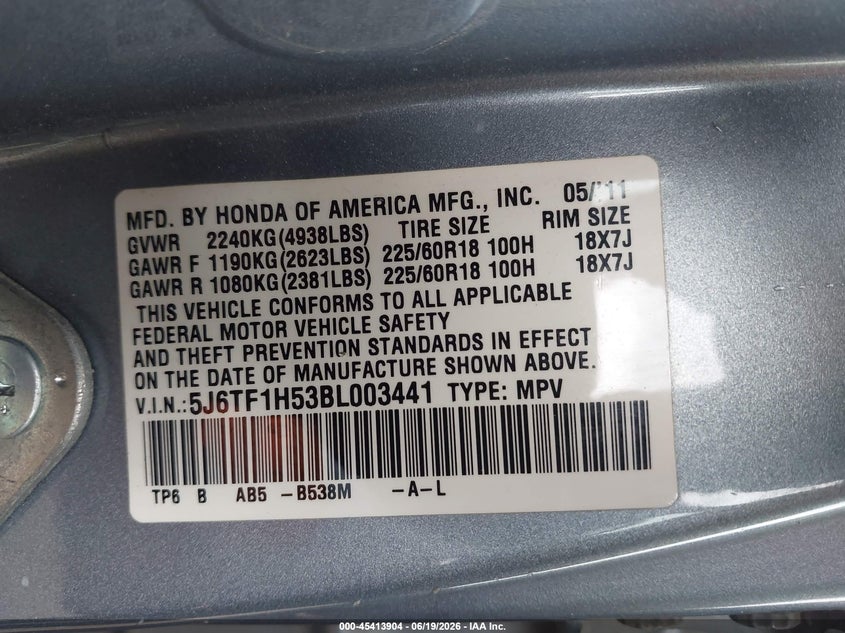 2011 Honda Accord Crosstour Ex-L VIN: 5J6TF1H53BL003441 Lot: 45413904