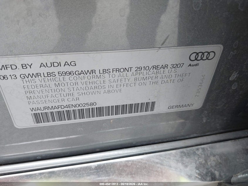 2014 Audi A8 L 3.0 Tdi VIN: WAURMAFD4EN002580 Lot: 45413913
