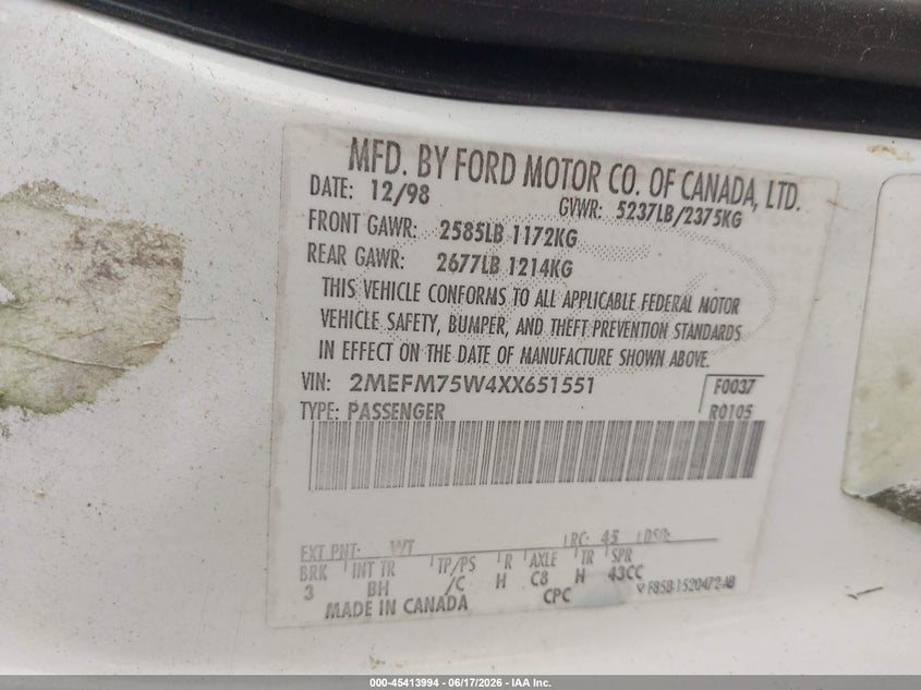 1999 Mercury Grand Marquis Ls VIN: 2MEFM75W4XX651551 Lot: 45413994